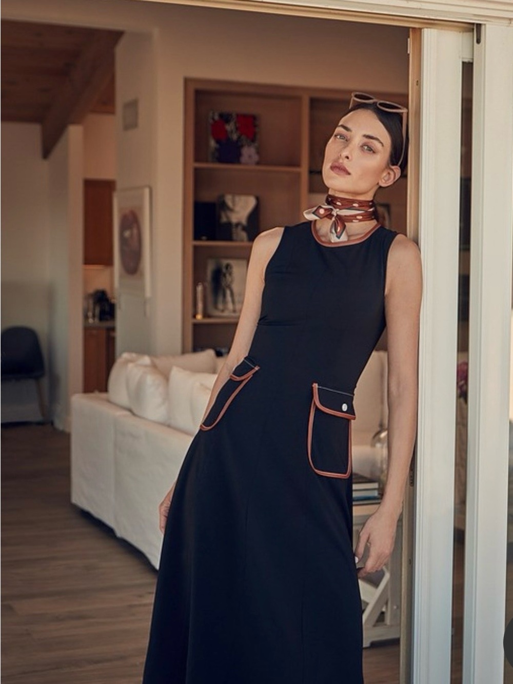 Joseph Ribkoff Black Tan Trim Sleeveless Midi Dress Size 14